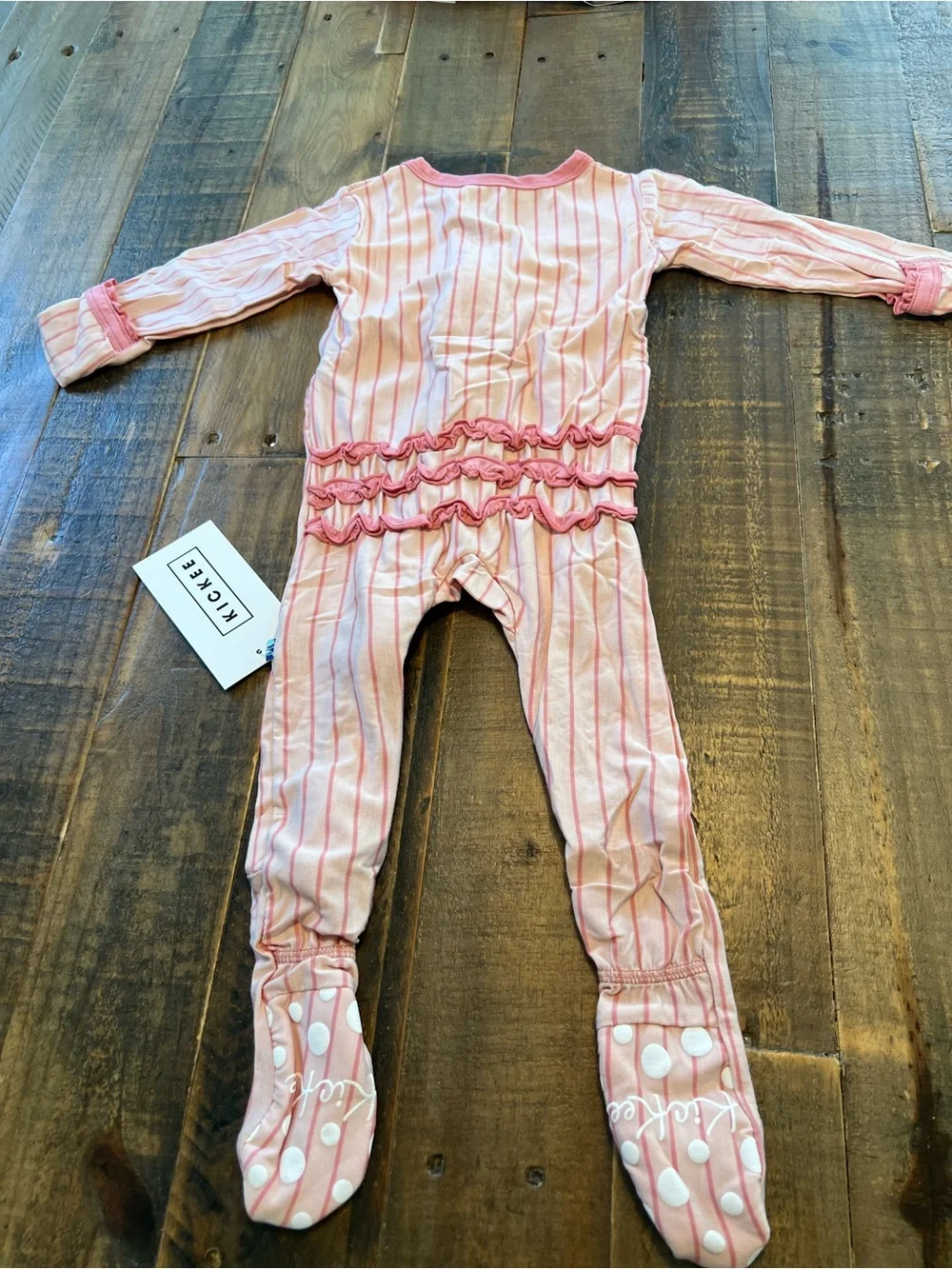Kickee Pants size 6-9 months pink stripe ruffle with two way zipper footie new